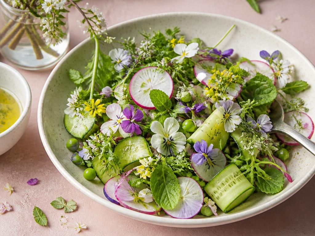 A bowl of spring salad with radishes, herbs and edible flowers